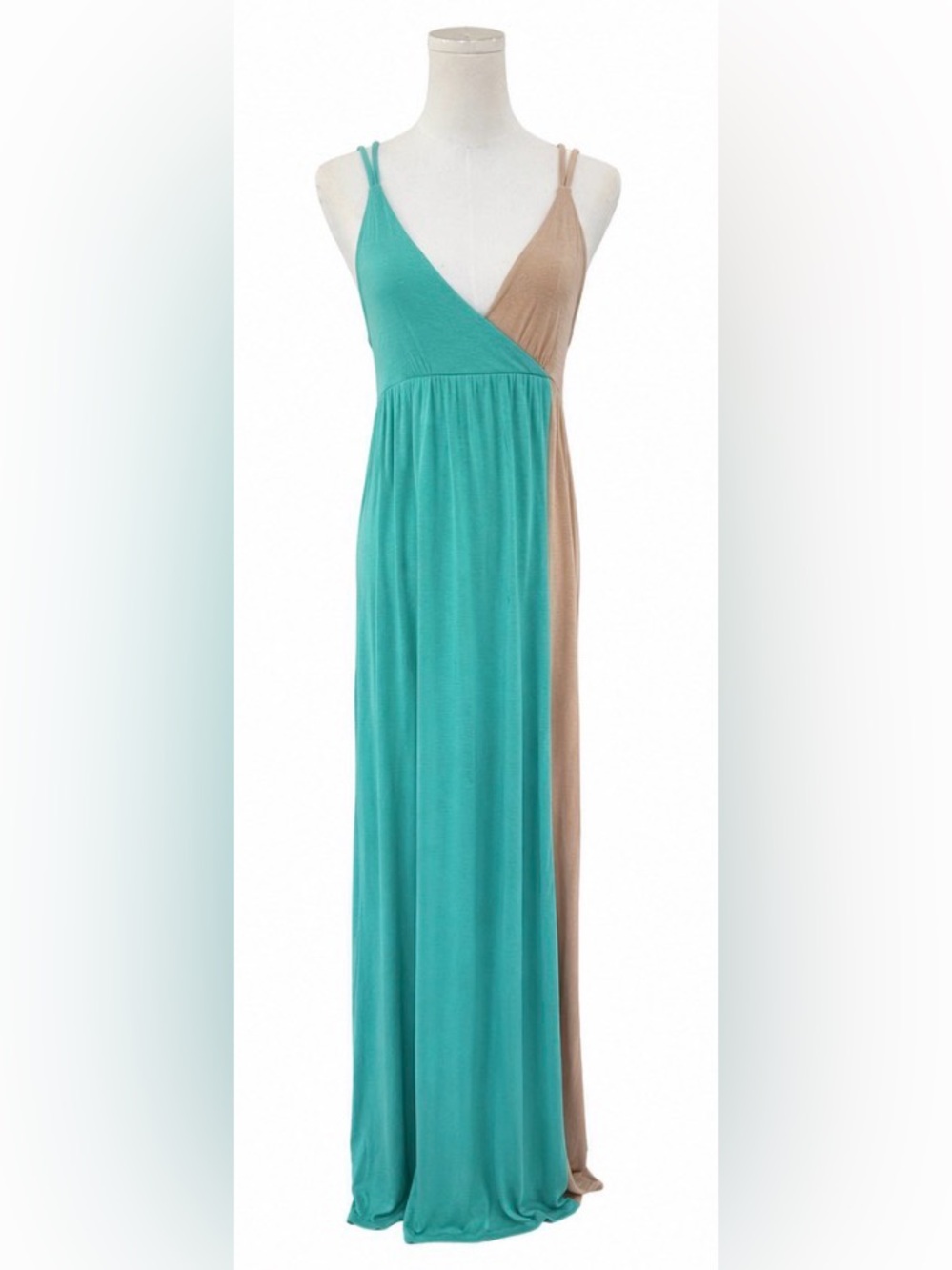 Cynthia Rowley Colorblock Maxi Dress Small Aqua Taupe Faux Wrap Sleeveless Boho